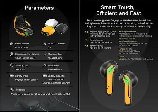 Kumi X2 Pro Earbud Bluetooth Handsfree Ακουστικά με Αντοχή στον Ιδρώτα και Θήκη Φόρτισης Κίτρινα