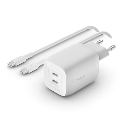 Belkin Încărcător GaN cu 2 Porturi USB-C și Cablu USB-C 65W Livrarea energiei Albς (WCH013VF2MWH-B6)