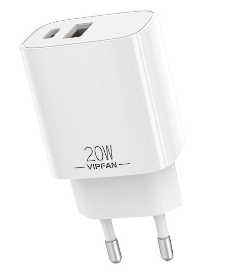 Vipfan Φορτιστής Χωρίς Καλώδιο με Θύρα USB-A και Θύρα USB-C 20W Λευκός (Vfan E08)