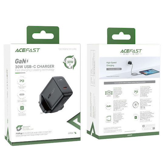 Acefast Φορτιστής Χωρίς Καλώδιο GaN με Θύρα USB-C 30W Power Delivery / Quick Charge 2.0 / Quick Charge 3.0 Μαύρος (A24 UK Plug)