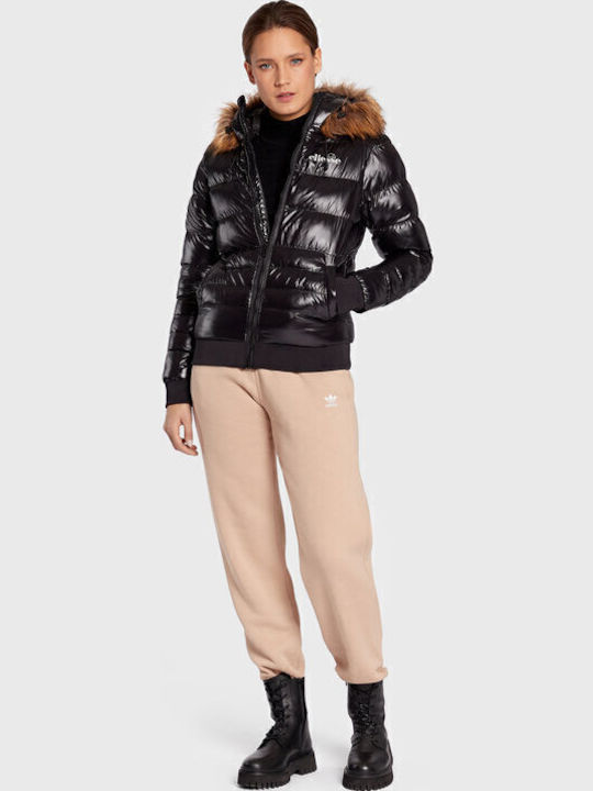Capalo Scurtă Jachetă de femei Puffer cu glugă de blană Negru