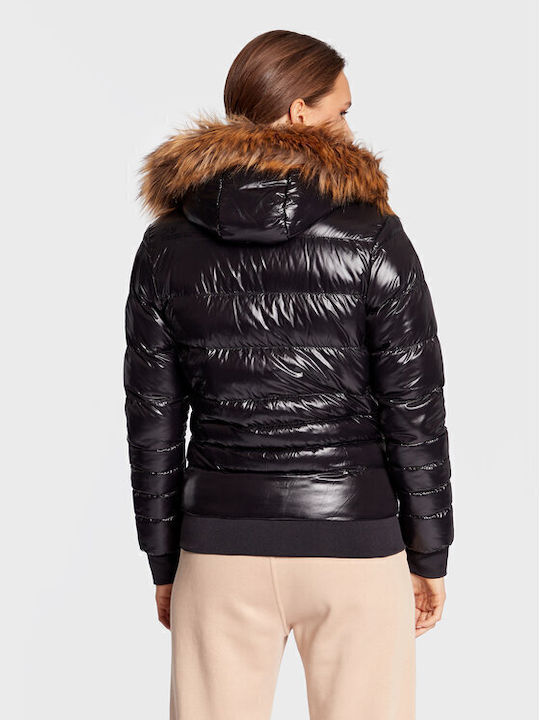 Capalo Scurtă Jachetă de femei Puffer cu glugă de blană Negru