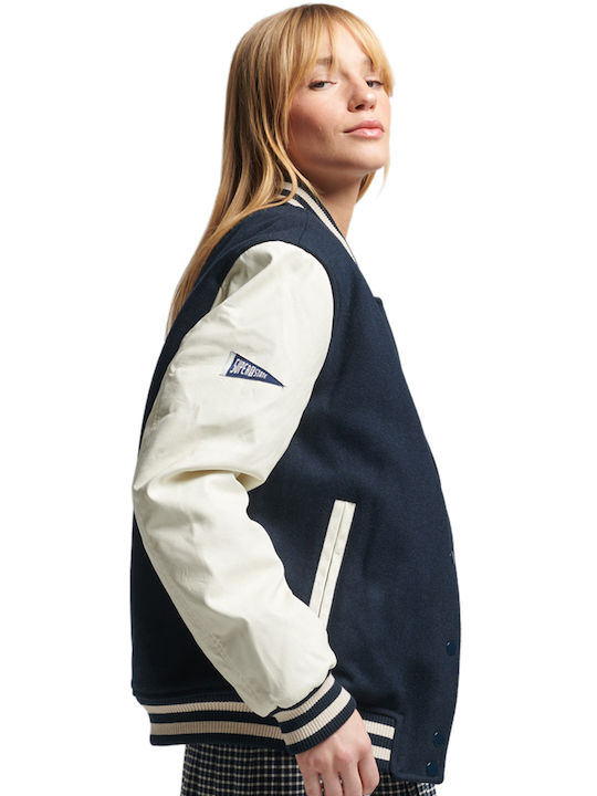 Superdry College Varsity Women's Short Bomber Jacket for Spring or Autumn Navy Blue