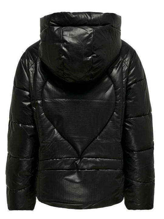 Women's Short Puffer Artificial Leather Jacket for Winter with Hood Black