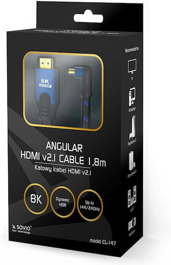Savio HDMI 2.1 Ultra High Speed 48Gbps 4K 120Hz HDR VRR Angle (90°) / Braided Cable HDMI male - HDMI male 1.8m Μαύρο