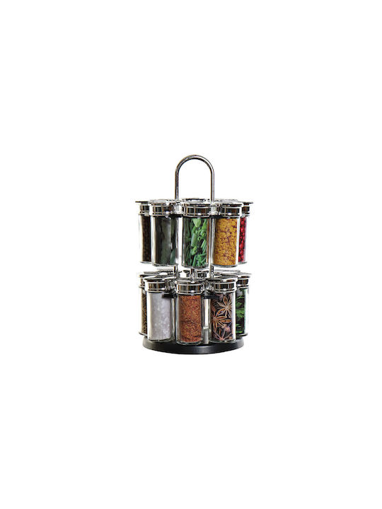 DKD Home Decor Θήκες Μπαχαρικών Γυάλινες σε Περιστρεφόμενη Βάση Ασημί 16τμχ