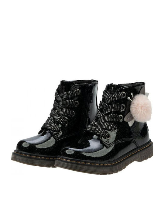 Kinderstiefel aus Lackleder mit Schnürsenkeln Schwarz