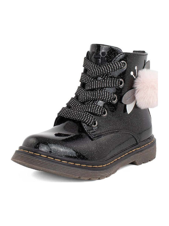 Kinderstiefel aus Lackleder mit Schnürsenkeln Schwarz