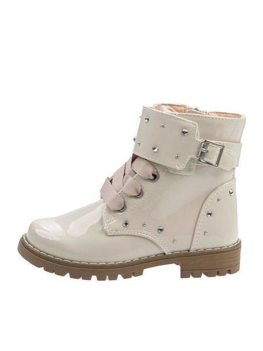 Biker Kids Boots from Patent Leather with Laces Beige