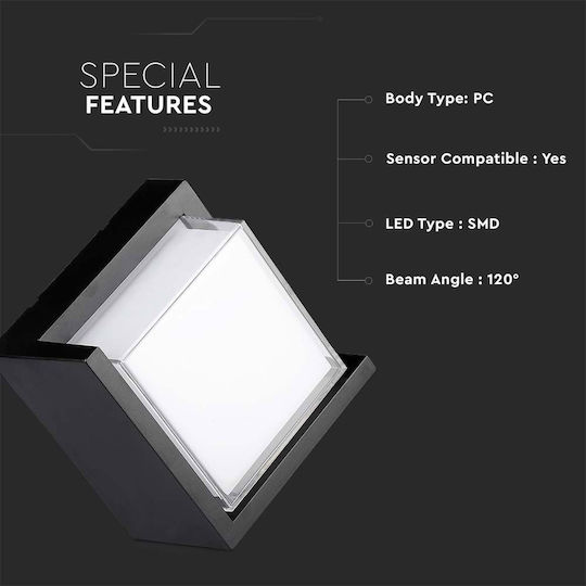 V-TAC Wall-Mounted Outdoor Ceiling Light LED IP65 12W with Warm White Light 16x16x10εκ.