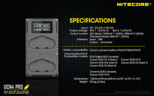 NiteCore Dublu Încărcător de baterii UCN4 Pro 9060060228 Compatibil cu Canon