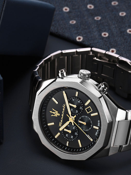 Maserati Stile Ανδρικό Ρολόι 45mm Χρονογράφος Μπαταρίας με Ασημί Μεταλλικό Μπρασελέ