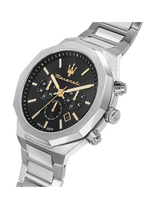 Maserati Stile Ανδρικό Ρολόι 45mm Χρονογράφος Μπαταρίας με Ασημί Μεταλλικό Μπρασελέ