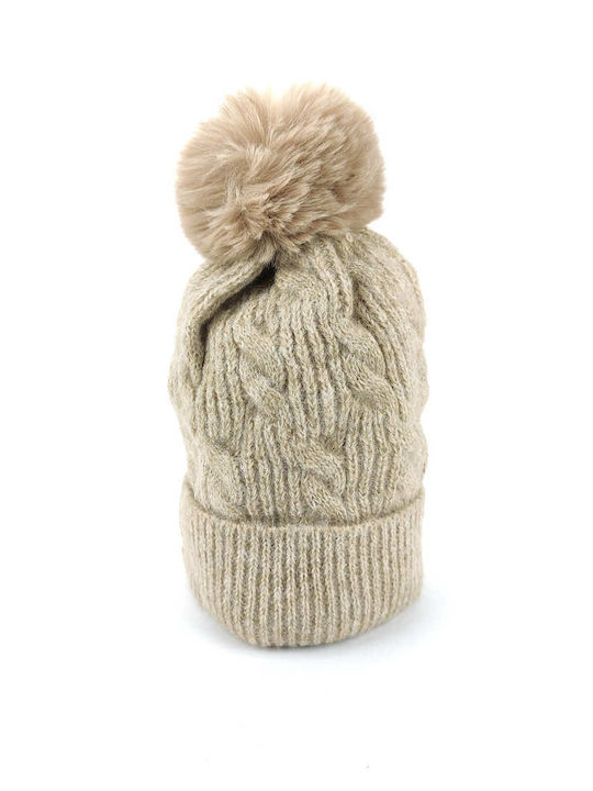 Pom Pom Beanie Frauen Beanie mit Strickmuster in Beige Farbe