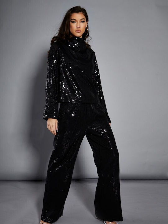 Women's High-waisted Fabric Trousers Flared with Elastic Black with Sequins