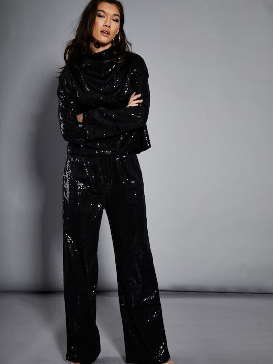 Women's High-waisted Fabric Trousers Flared with Elastic Black with Sequins