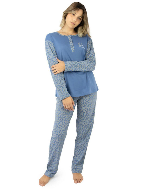 Lydia Creations Winter Damen Pyjama-Set Baumwolle Blau