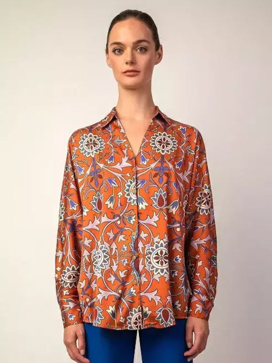 Women's Satin Long Sleeve Shirt Orange