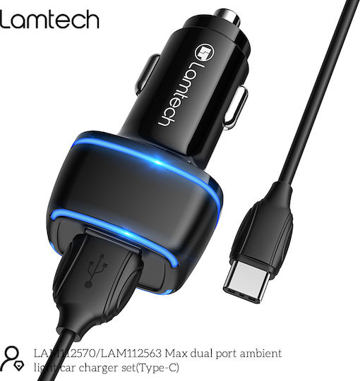 Lamtech Car Charger Black Total Intensity 2.4A Fast Charging with Ports: 2xUSB 1xType-C with Cable Type-C