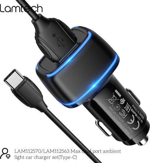 Lamtech Φορτιστής Αυτοκινήτου 2.4A Γρήγορης Φόρτισης με Θύρες: 2xUSB 1xType-C μαζί με Καλώδιο Type-C Μαύρο Χρώμα