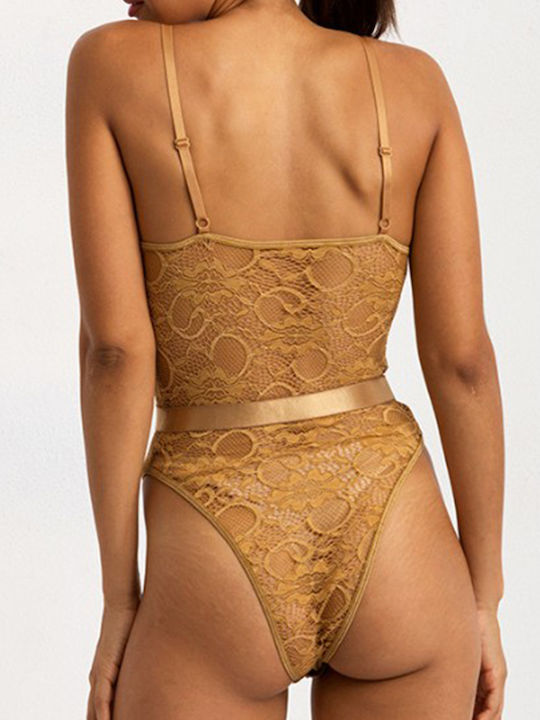 La Lolita Amsterdam Lingerie Spaghetti Strap Bodysuit SY190483-BN3 with Lace Yellow