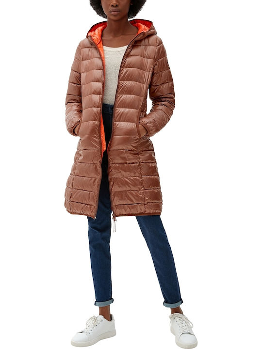 Μακρύ Γυναικείο Puffer Μπουφάν για Χειμώνα Camel