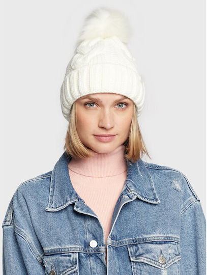 Pom Pom Beanie Frauen Beanie mit Strickmuster in Weiß Farbe