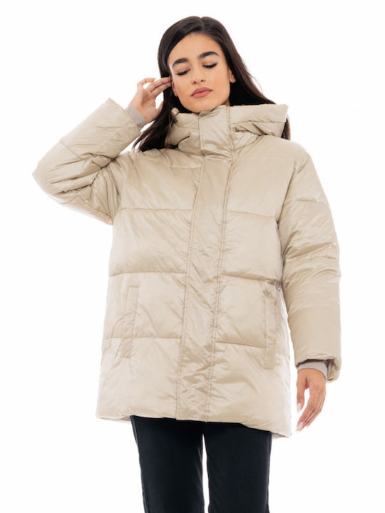 Biston Women's Long Puffer Jacket for Winter with Hood Beige