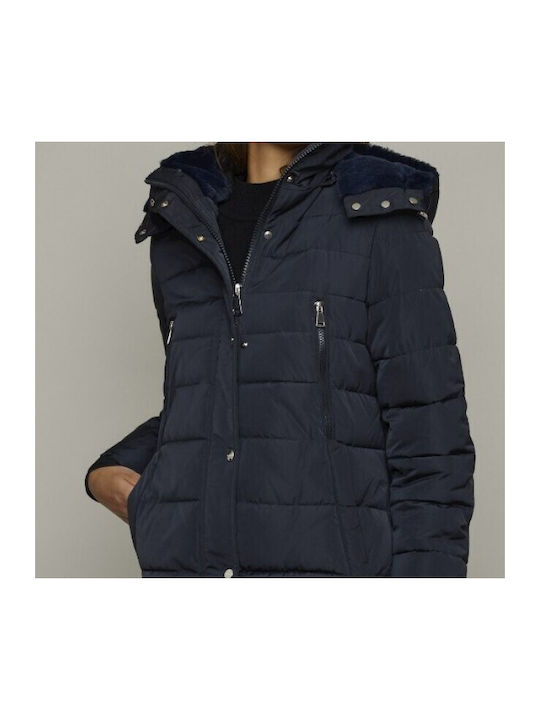 Rino&Pelle Sunday Kurz Damen Puffer Jacke mit pelziger Kapuze für Winter Marineblau