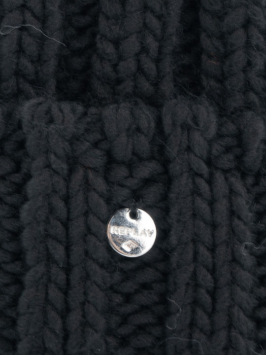 Replay Pom Pom Beanie Γυναικείος Σκούφος με Rib Πλέξη σε Μαύρο χρώμα