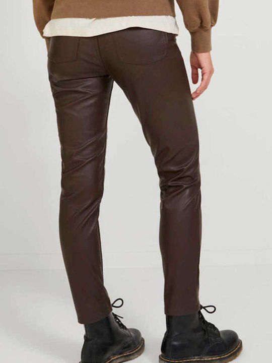 Jack & Jones Women's High-waisted Leather Trousers in Slim Fit Brown