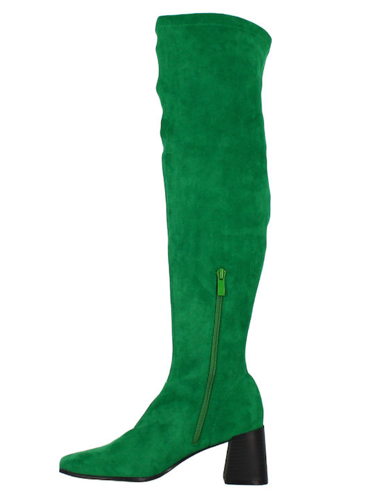 Suede Over the Knee Medium Heel Women's Boots with Zipper Green