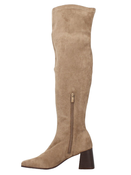 Suede Over the Knee Medium Heel Women's Boots with Zipper Camel