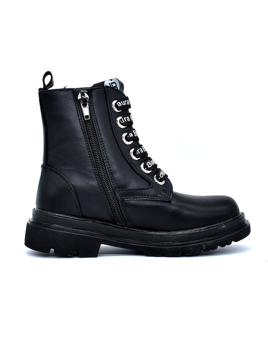 Laura Biagiotti Kids Leather Military Boots with Zipper Black