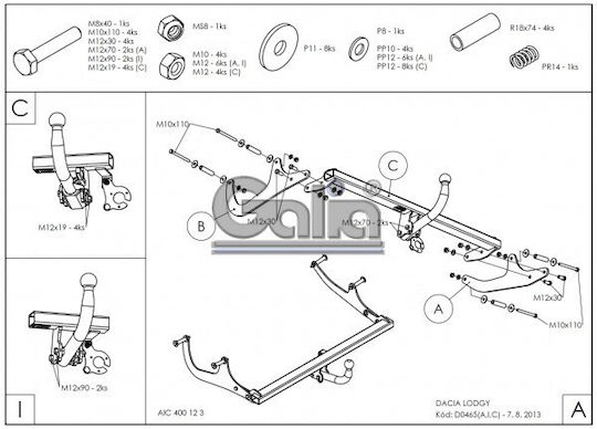 Galia Tow Hook Car Dacia Lodgy Van 2012 with Bolts Maximum Towing Weight 1500kg with Screws