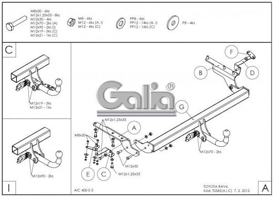 Galia Tow Hook Car Toyota RAV 4 Suv 2006 - 2013 with bolts Maximum Towing Weight 2000kg with Screws