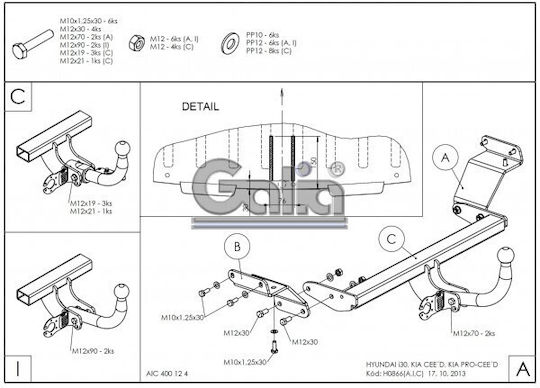 Galia Automatic Tow Hook Car Kia Ceed 5 door 2012 - 2018 Automatic Maximum Towing Weight 1500kg