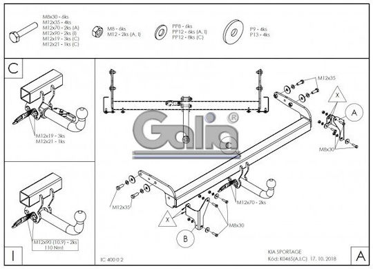 Galia Tow Hook Car Kia Sportage 2018 with Bolts Maximum Towing Weight 2200kg with Screws