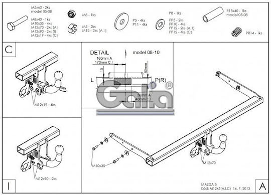 Galia Automatic Tow Hook Car Mazda 5 2005 Automatic Maximum Towing Weight 1600kg