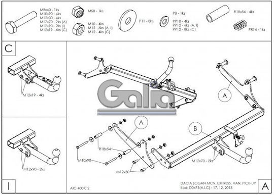 Galia Automatic Tow Hook Car Dacia Logan MCV Kombi Express Van Pick 2013 Automatic Maximum Towing Weight 1300kg