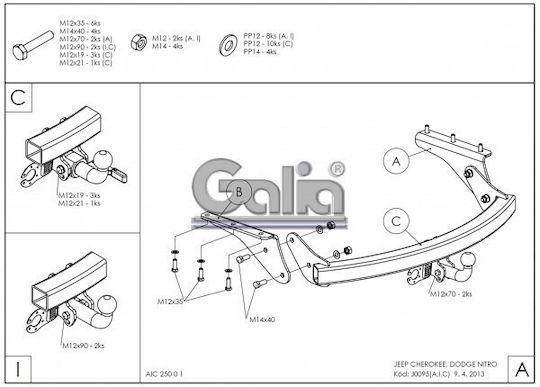 Galia Tow Hook Car Dodge Nitro Suv 2007 - 2014 with bolts Maximum Towing Weight 3500kg with Screws