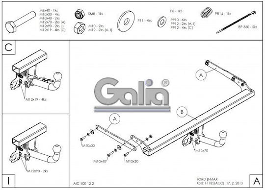 Galia Теглич за Автомобили Ford B-Max 5 врати 2012 с болтове Максимално Тегло на Влечение 1150кг с винтове