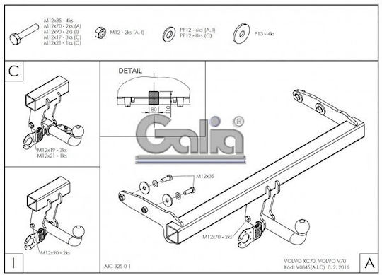 Galia Tow Hook Car Volvo XC 70 2007 with bolts Maximum Towing Weight 2100kg with Screws
