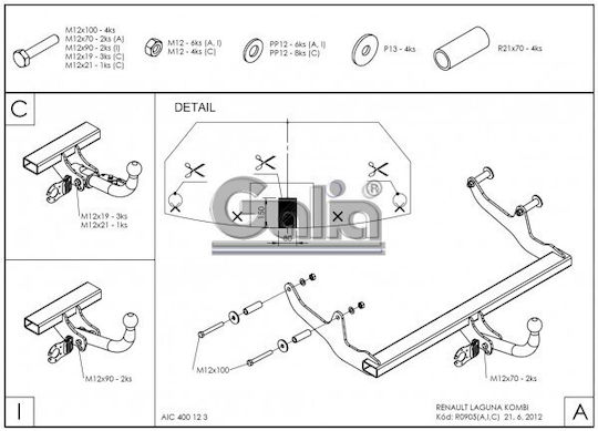 Galia Tow Hook Car Renault Laguna Kombi 2007 - 2016 with bolts Maximum Towing Weight 1800kg with Screws