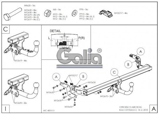 Galia Automatic Tow Hook Car Citroen C3 Aircross Suv 2017 Automatic Maximum Towing Weight 1200kg