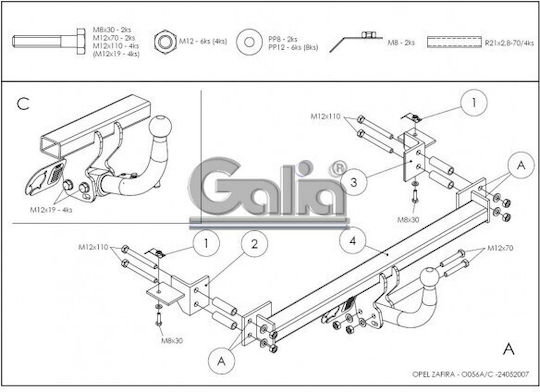 Galia Automatic Tow Hook Car Opel Zafira A 1999 - 2005 Automatic Maximum Towing Weight 1500kg