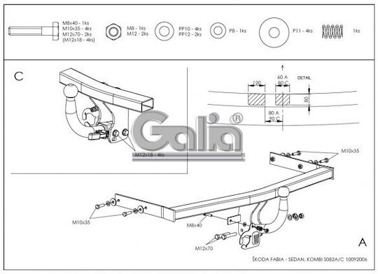 Galia Automatic Tow Hook Car Skoda Fabia 4 door 2000 - 2007 Automatic Maximum Towing Weight 1000kg