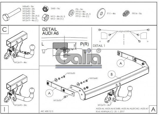 Galia Automatic Tow Hook Car Audi A6 2011 Automatic Maximum Towing Weight 2500kg