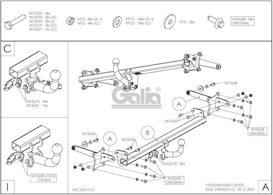 Galia Automatic Tow Hook Car Volkswagen Caddy 10.2020 Automatic Maximum Towing Weight 1500kg