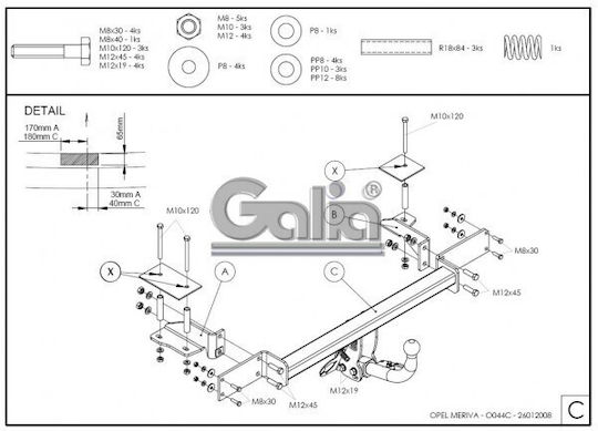Galia Automatic Tow Hook Car Opel Meriva 2002 - 2010 Automatic Maximum Towing Weight 1300kg